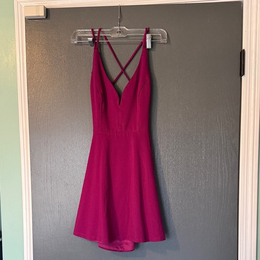 Lulu's Berry V-Neck Fit & Flare Mini Dress - Picture 3 of 5